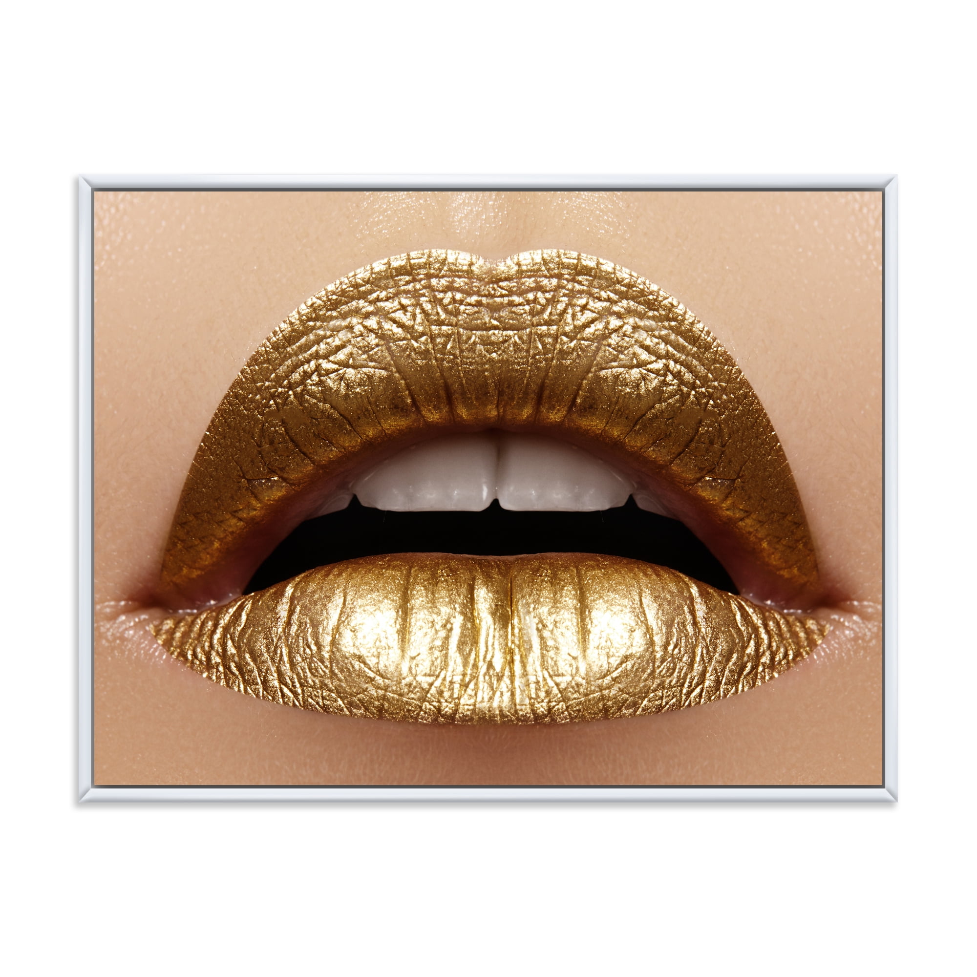 Designart 'Close Up of Woman Plump Lips With Golden Lipstick' Modern Framed Canvas Wall Art Print