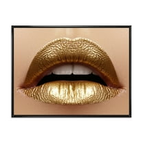 Designart 'Close Up of Woman Plump Lips With Golden Lipstick' Modern Framed Canvas Wall Art Print