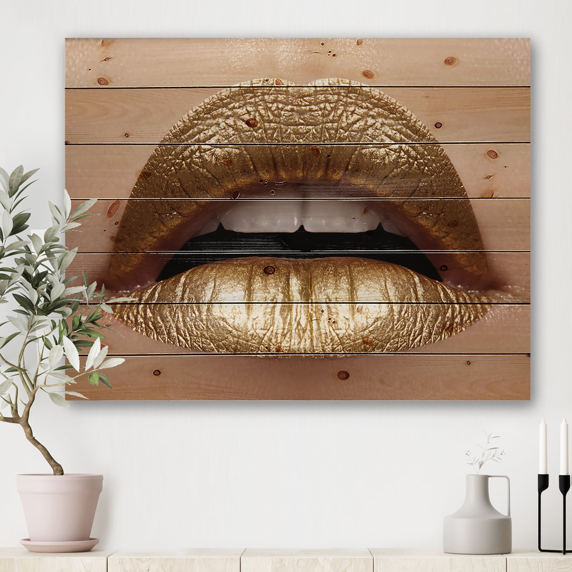 Designart 'Close Up of Woman Plump Lips With Golden Lipstick' Modern Print on Natural Pine Wood