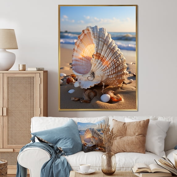 Designart "Close Up of a White Seashell III" Animals Floater Framed Canvas Print