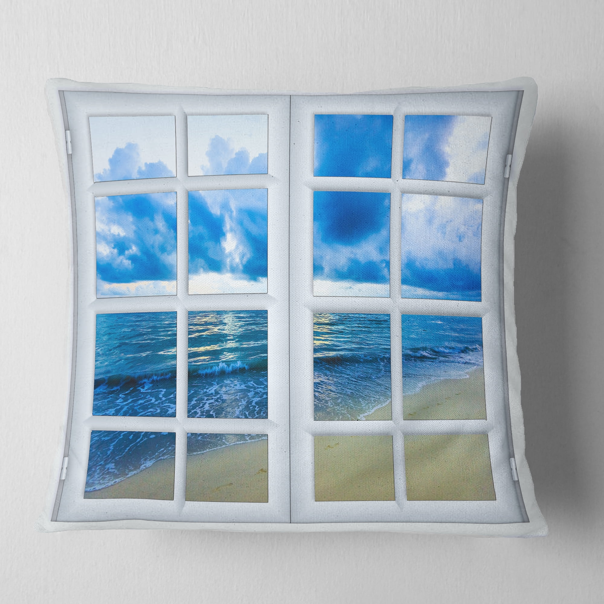 Designart Closed Window to Blue Seascape - Landscape Wall Throw Pillow - 16x16