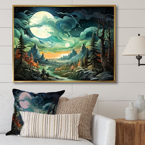Designart "Cloud Forest Majesty Mountain Serenity I" Landscapes Framed Wall Art - Country Green Forest River Mountains Bedroom Framed Canvas Wall Art