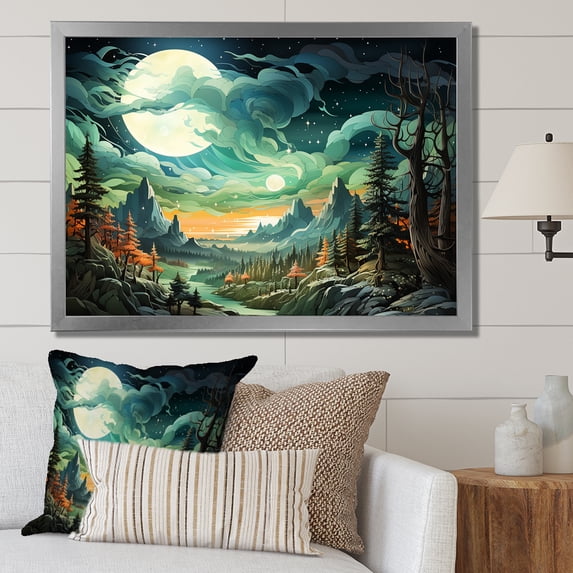 Designart "Cloud Forest Majesty Mountain Serenity I" Landscapes Framed Wall Art Decor - Country Green Forest River Mountains Hallway Framed Wall Art Decor