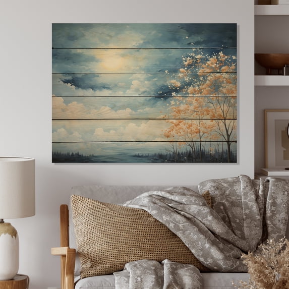 Designart "Clouds Canopy Painting Landscape I" Landscapes Print on Natural Pine Wood