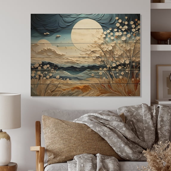Designart "Clouds Prairies compositions VI" Modern Print on Natural Pine Wood