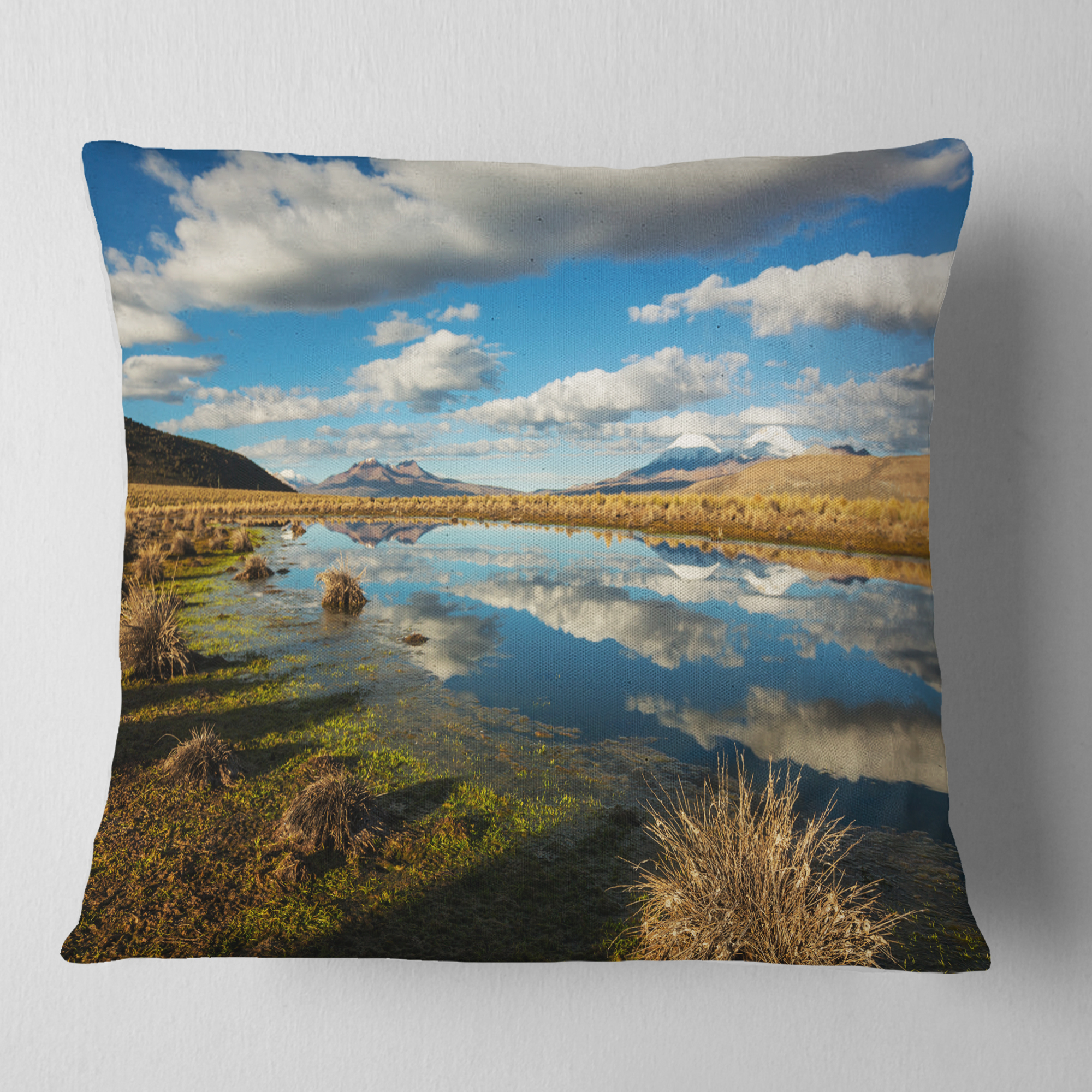 Designart Clouds Reflecting in Mountain Lake - Landscape Printed Throw Pillow - 16x16
