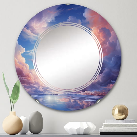 Designart "Clouds curious Wisps I" Landscapes Round Wall Mirror - Traditional Oval Printed Decorative Oversized Mirror - Multiple Color Options