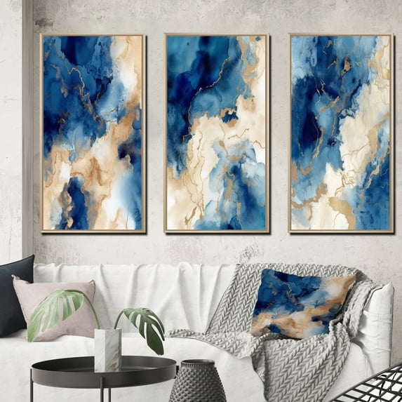 Designart "Clouds of Blue and Gold Marble XII" Fractals Framed Wall Art Set Of 3 - Blue Fractals Frame Gallery Set For Office Decor