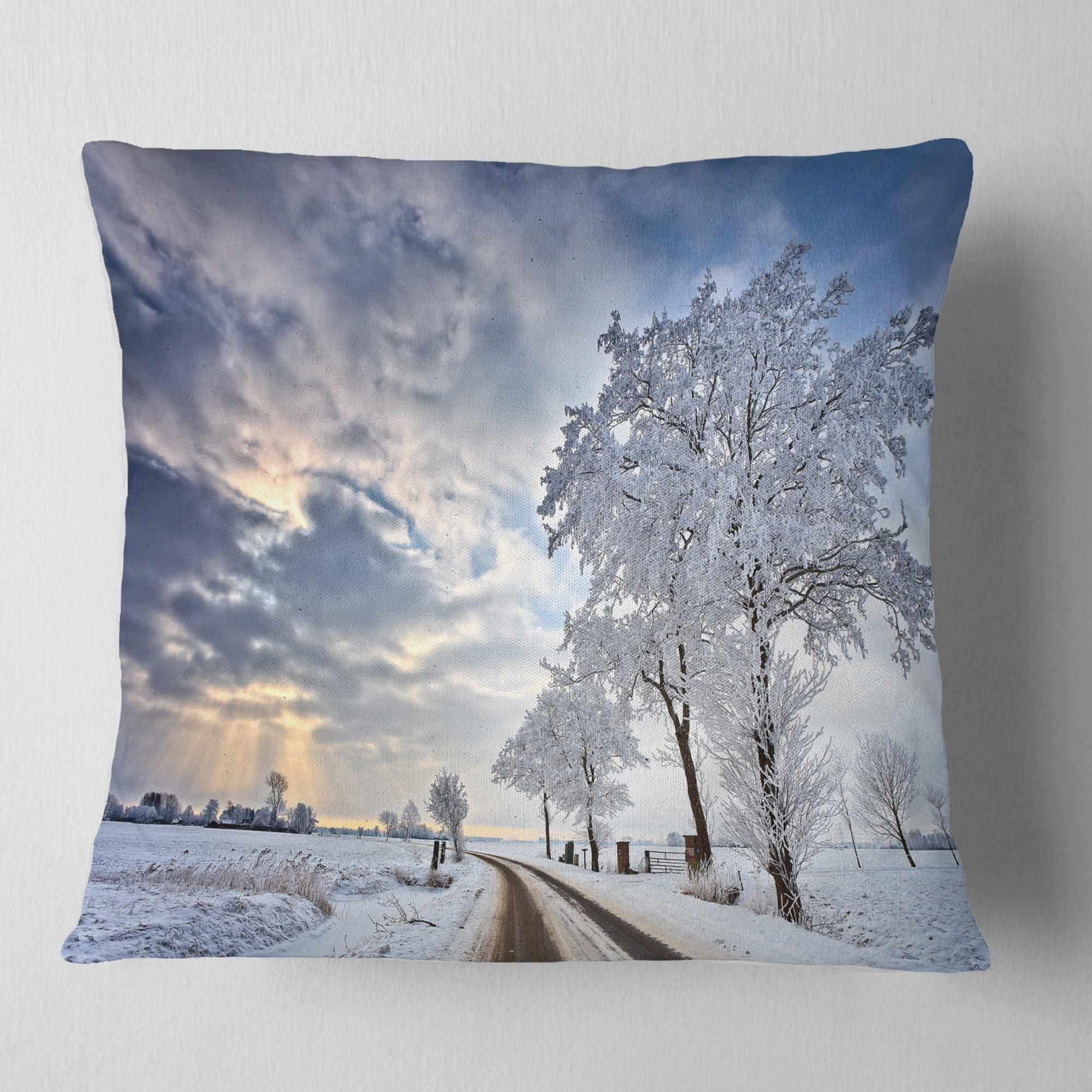 Designart Cloudscape in White Winter Terrain - Landscape Printed Throw Pillow - 18x18