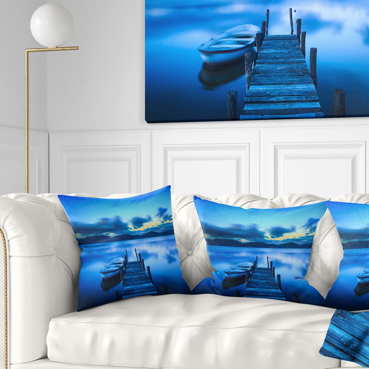 Designart Cloudy Blue Sky with Pier - Seascape Throw Pillow - 16x16