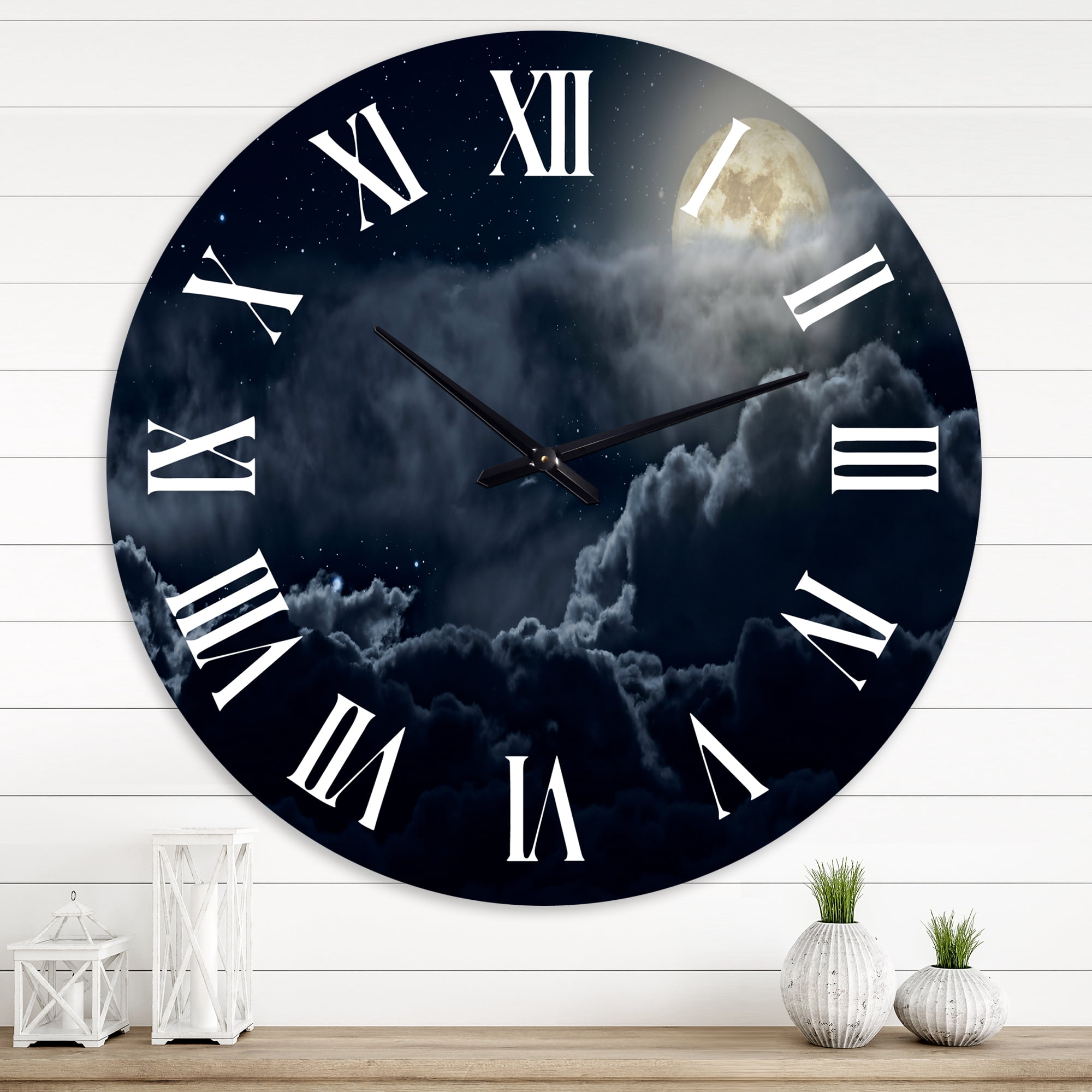 Designart 'Cloudy Full Moon Night' Nautical & Coastal Wall Clock