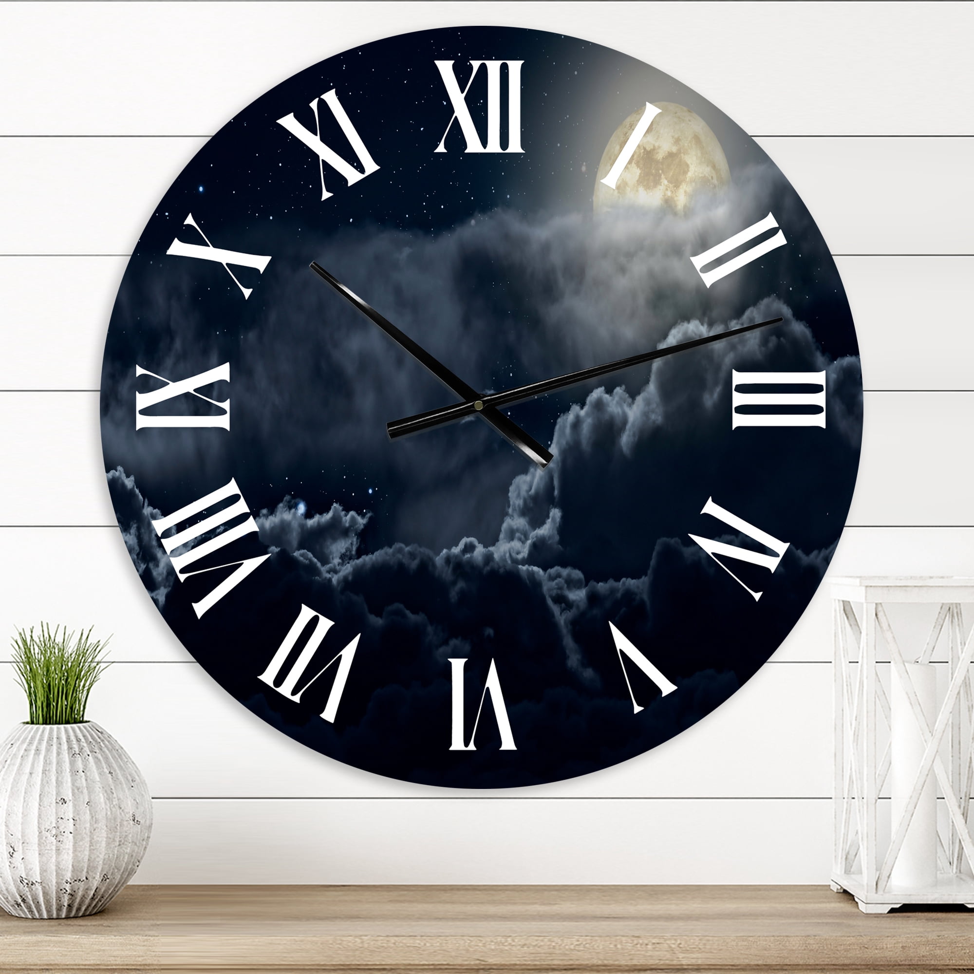 Designart 'Cloudy Full Moon Night' Nautical & Coastal Wall Clock