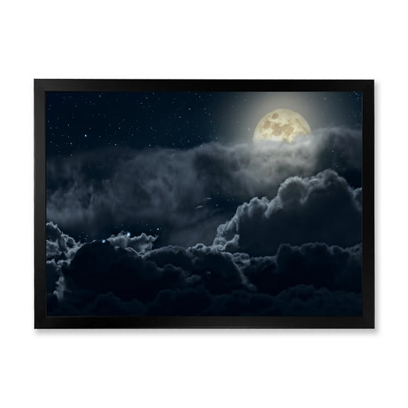 Designart 'Cloudy Full Moon Night With Stars' Nautical & Coastal Framed Art Print
