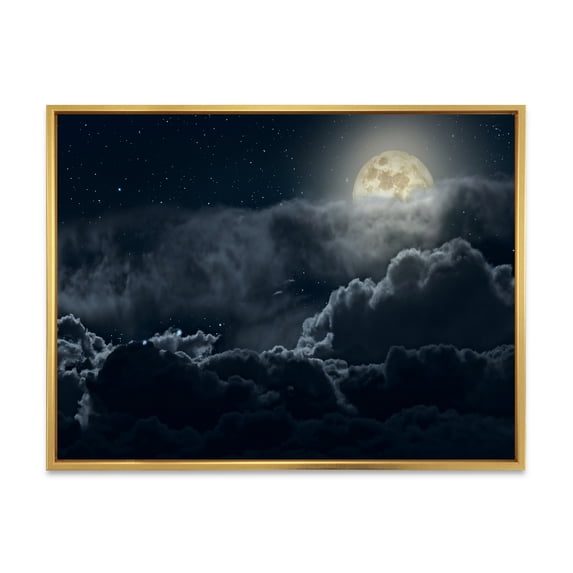 Designart 'Cloudy Full Moon Night With Stars' Nautical & Coastal Framed Canvas Wall Art Print