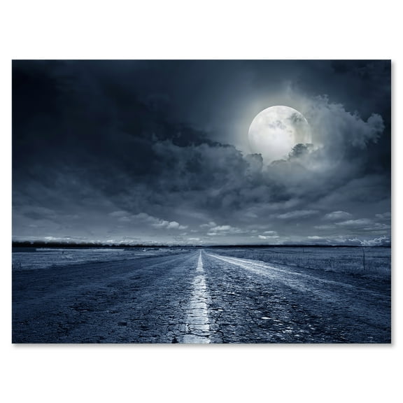 Designart ' Cloudy Full Moon Over Asphalt Road I ' Nautical & Coastal Canvas Wall Art Print