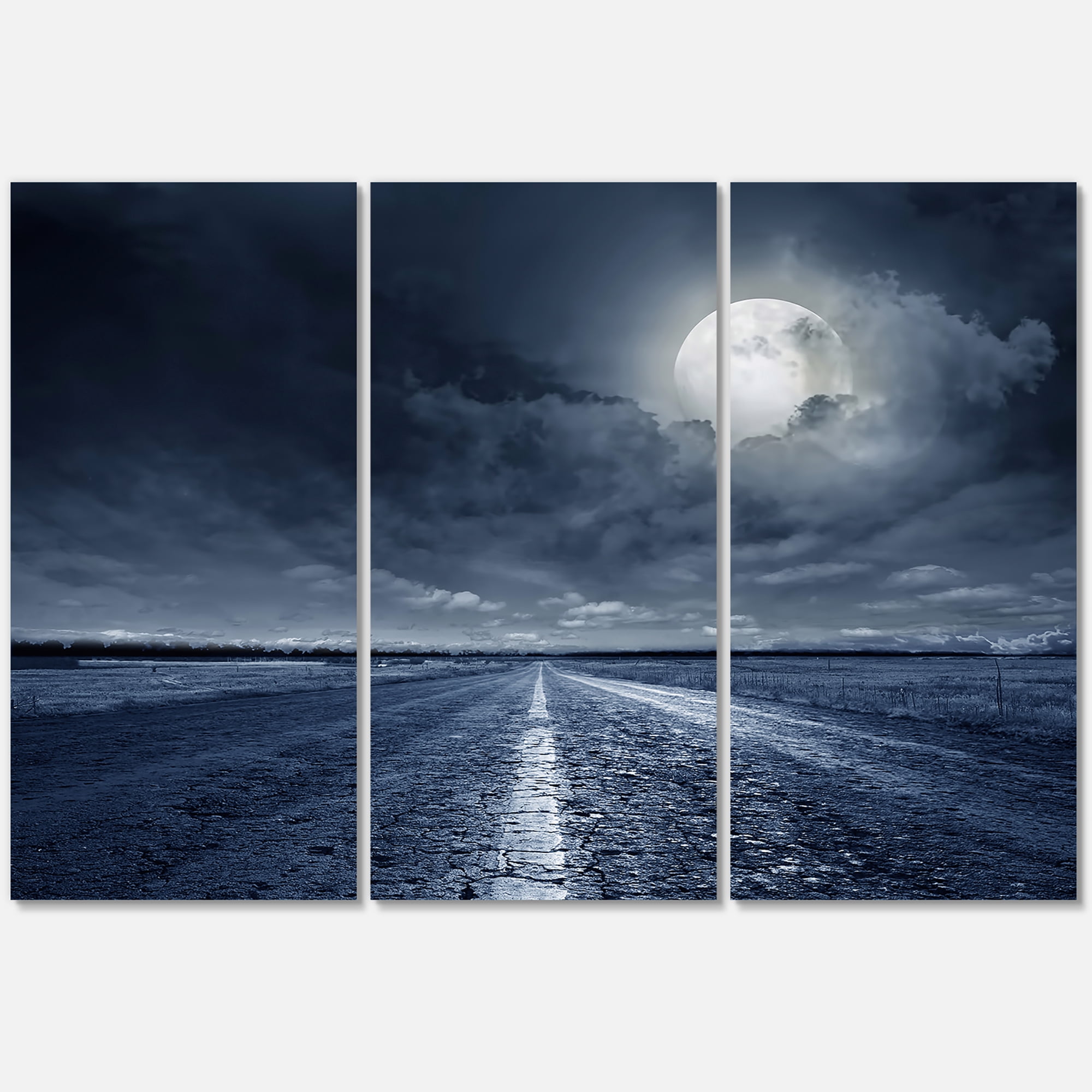 Designart ' Cloudy Full Moon Over Asphalt Road I ' Nautical & Coastal Canvas Wall Art Print