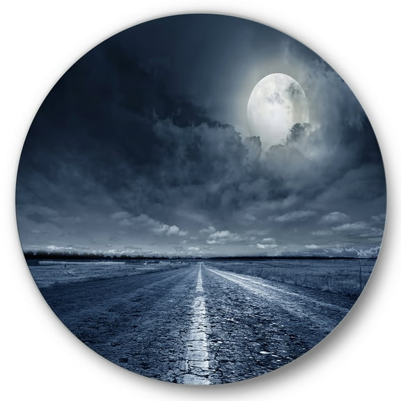 Designart 'Cloudy Full Moon Over Asphalt Road I' Nautical & Coastal Circle Metal Wall Art 36x36 - Disc of 36