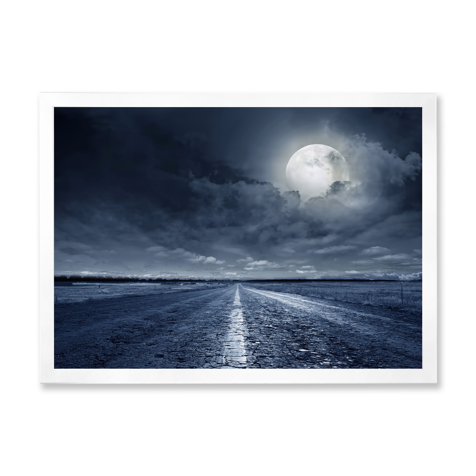 Designart 'Cloudy Full Moon Over Asphalt Road I' Nautical & Coastal Framed Art Print