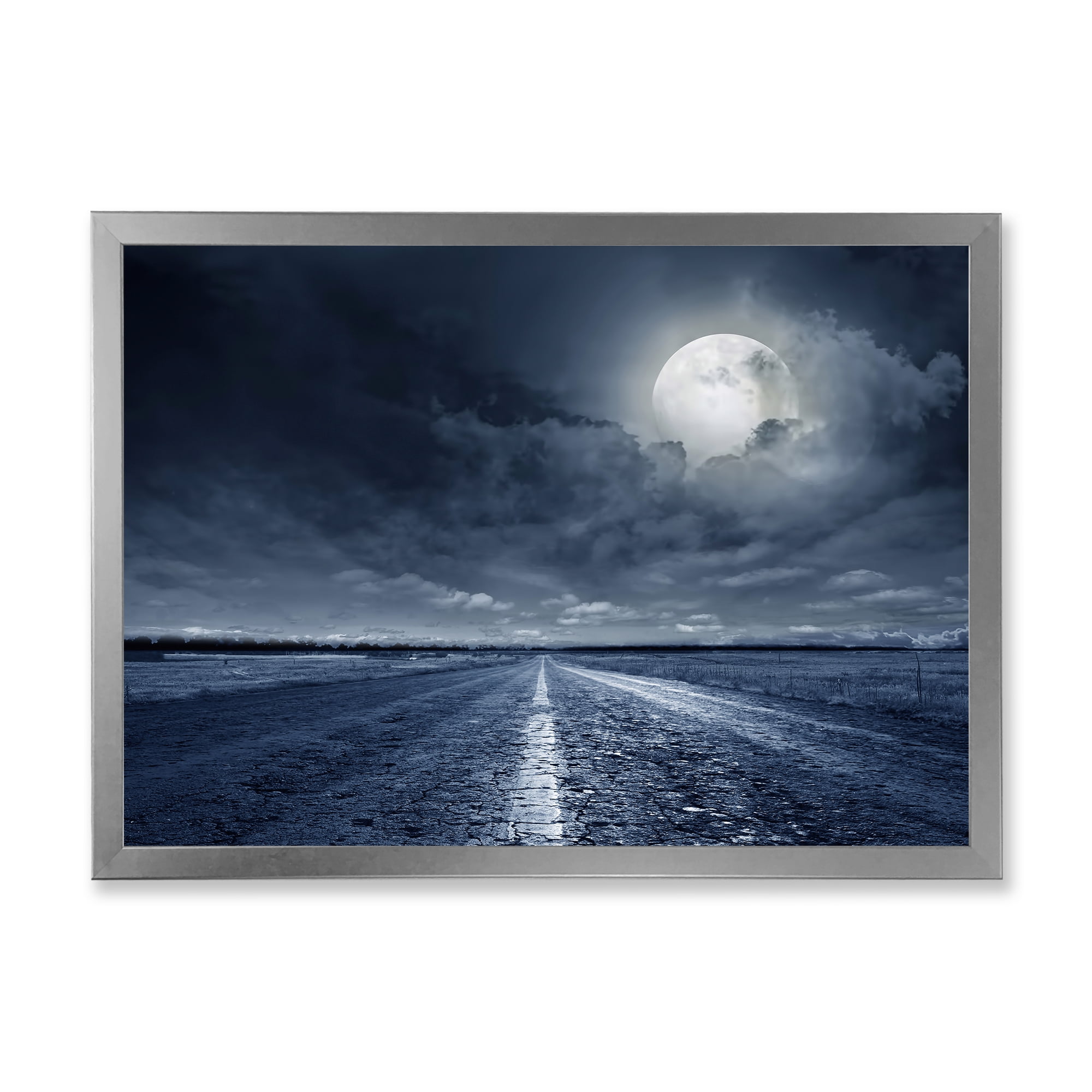 Designart 'Cloudy Full Moon Over Asphalt Road I' Nautical & Coastal Framed Art Print