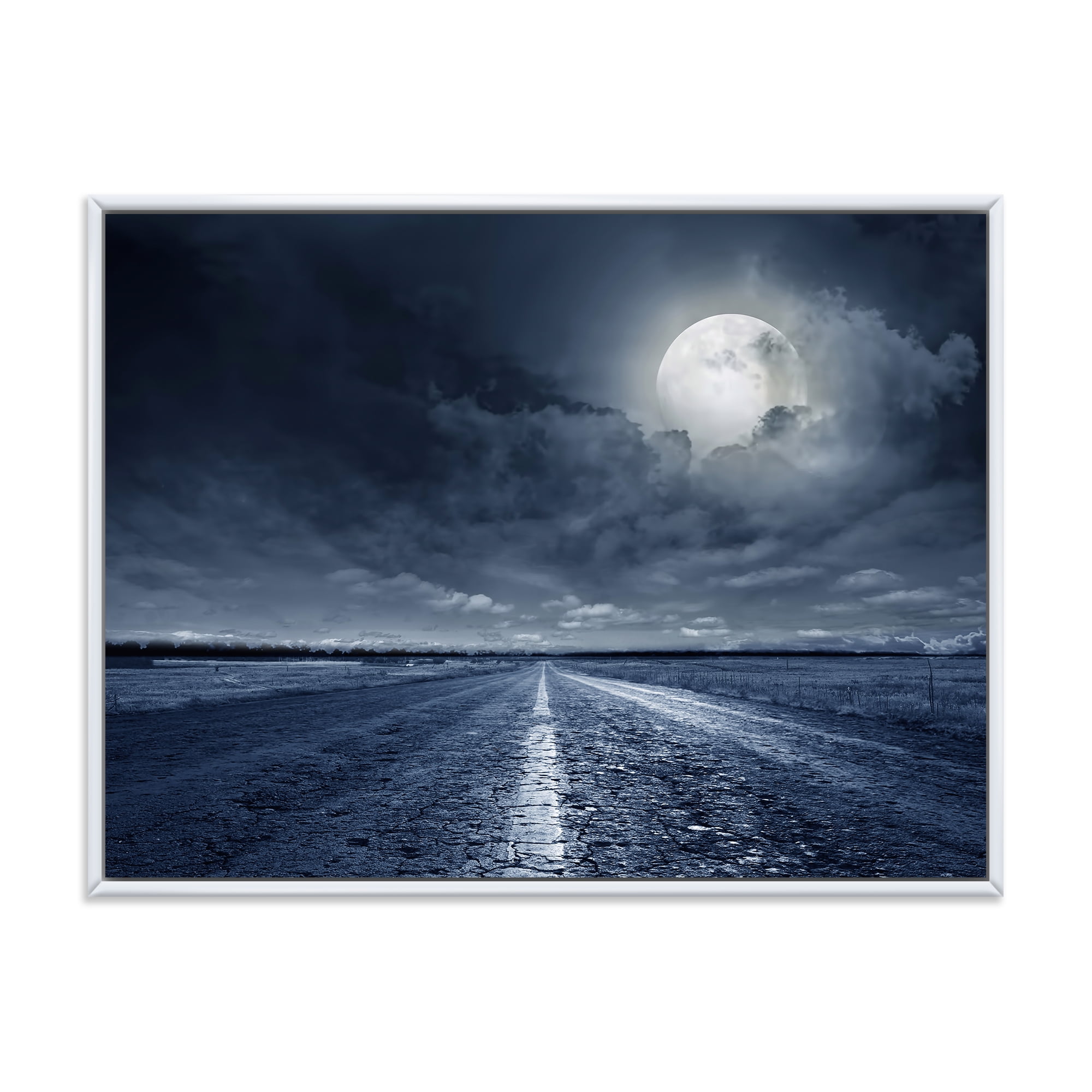 Designart 'Cloudy Full Moon Over Asphalt Road I' Nautical & Coastal Framed Canvas Wall Art Print