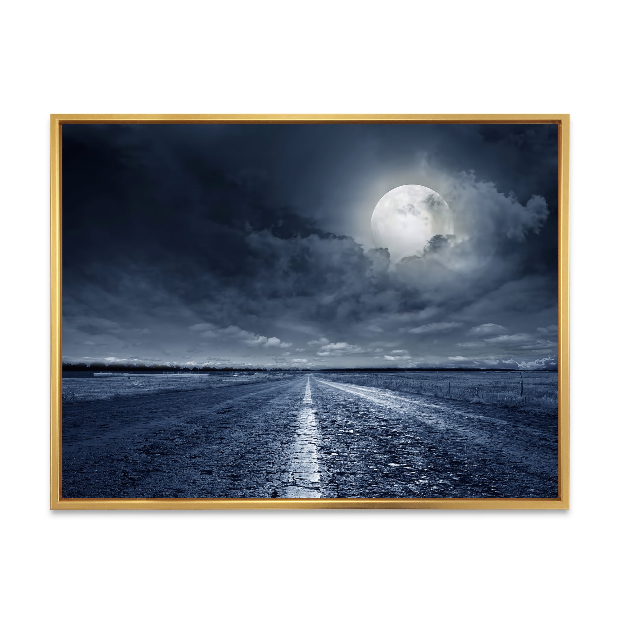 Designart 'Cloudy Full Moon Over Asphalt Road I' Nautical & Coastal Framed Canvas Wall Art Print