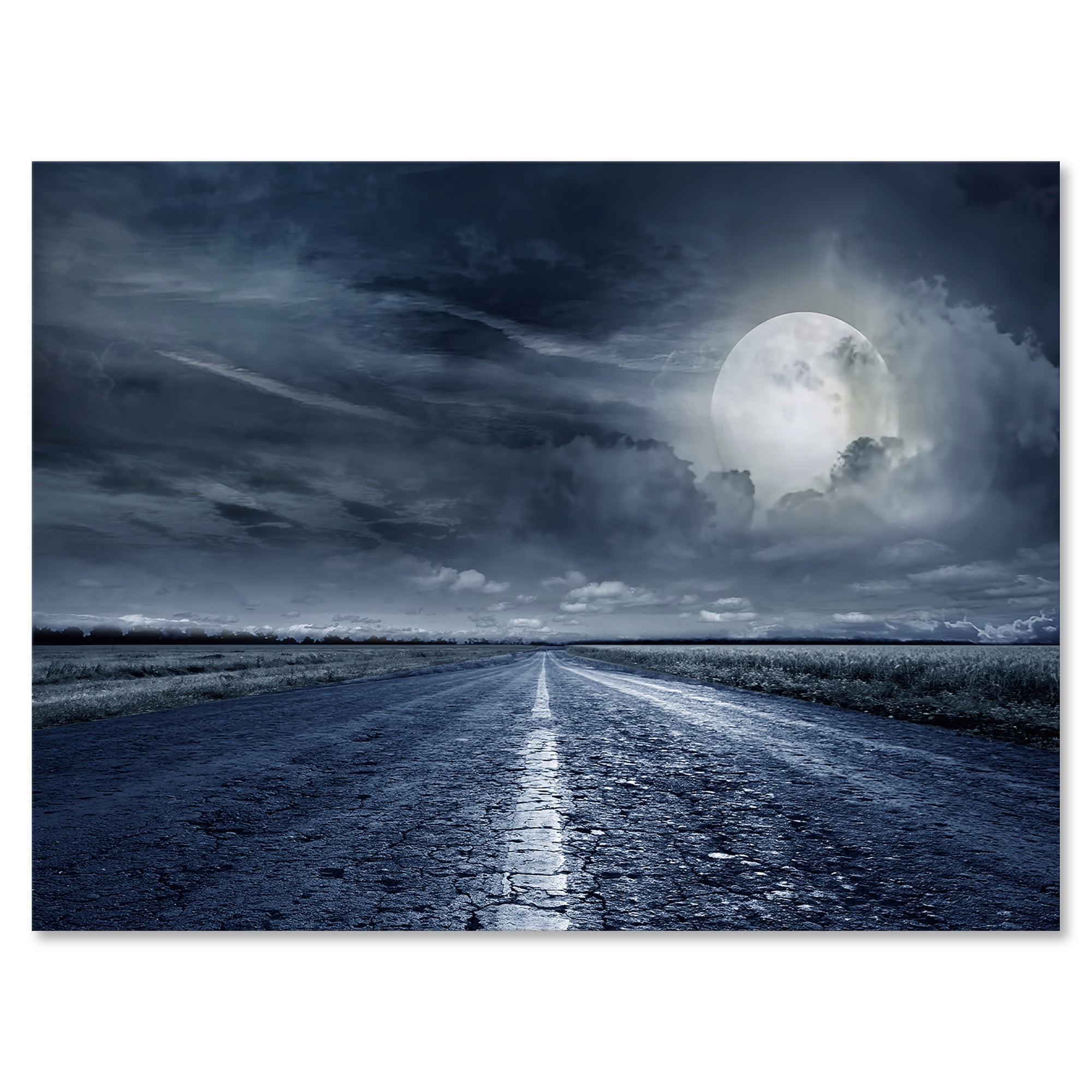 Designart ' Cloudy Full Moon Over Asphalt Road II ' Nautical & Coastal Canvas Wall Art Print