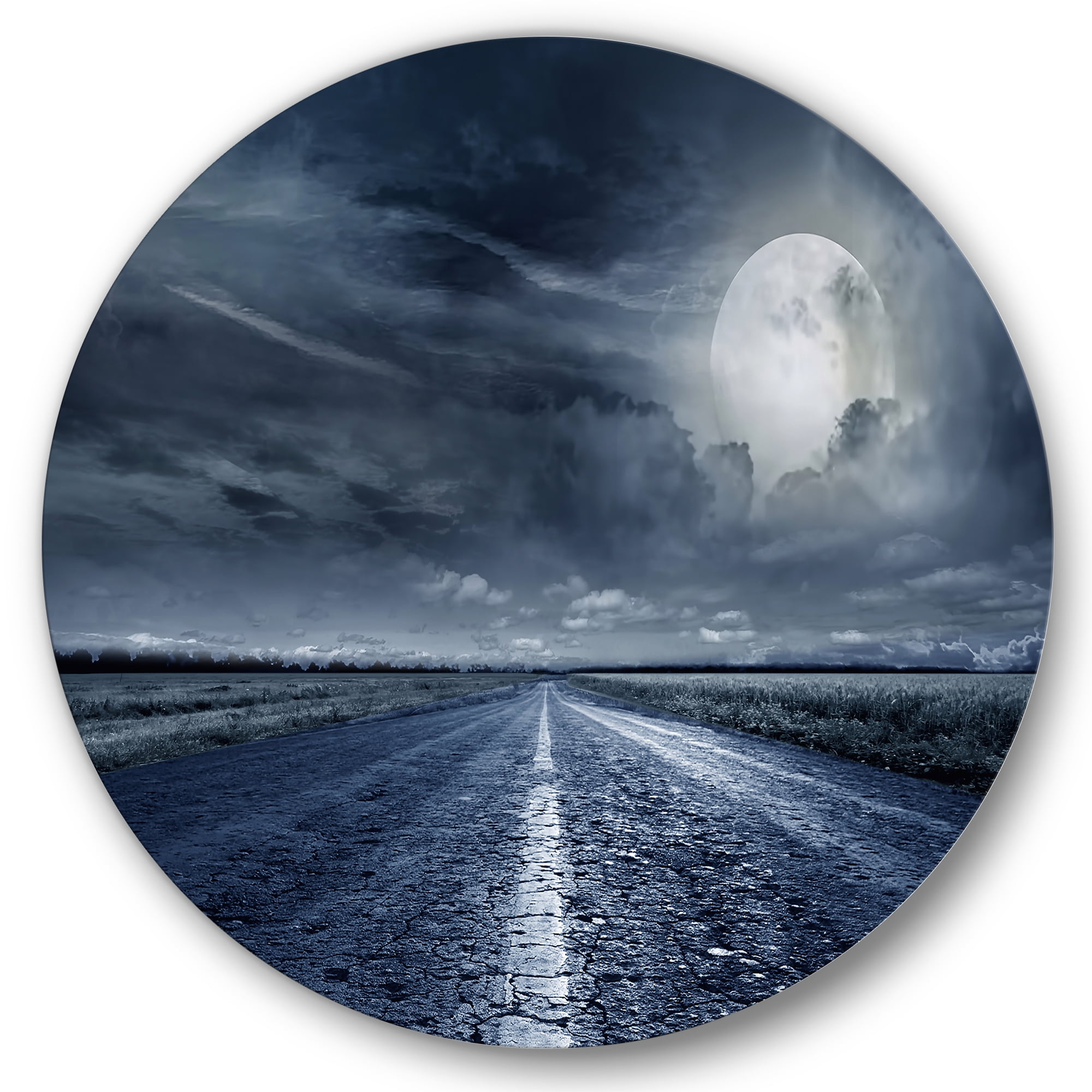 Designart 'Cloudy Full Moon Over Asphalt Road II' Nautical & Coastal Circle Metal Wall Art 29x29 - Disc of 29