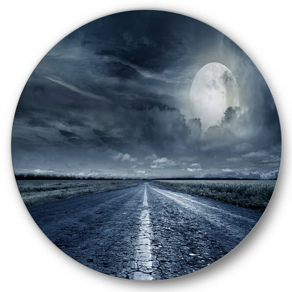 Designart 'Cloudy Full Moon Over Asphalt Road II' Nautical & Coastal Circle Metal Wall Art 36x36 - Disc of 36