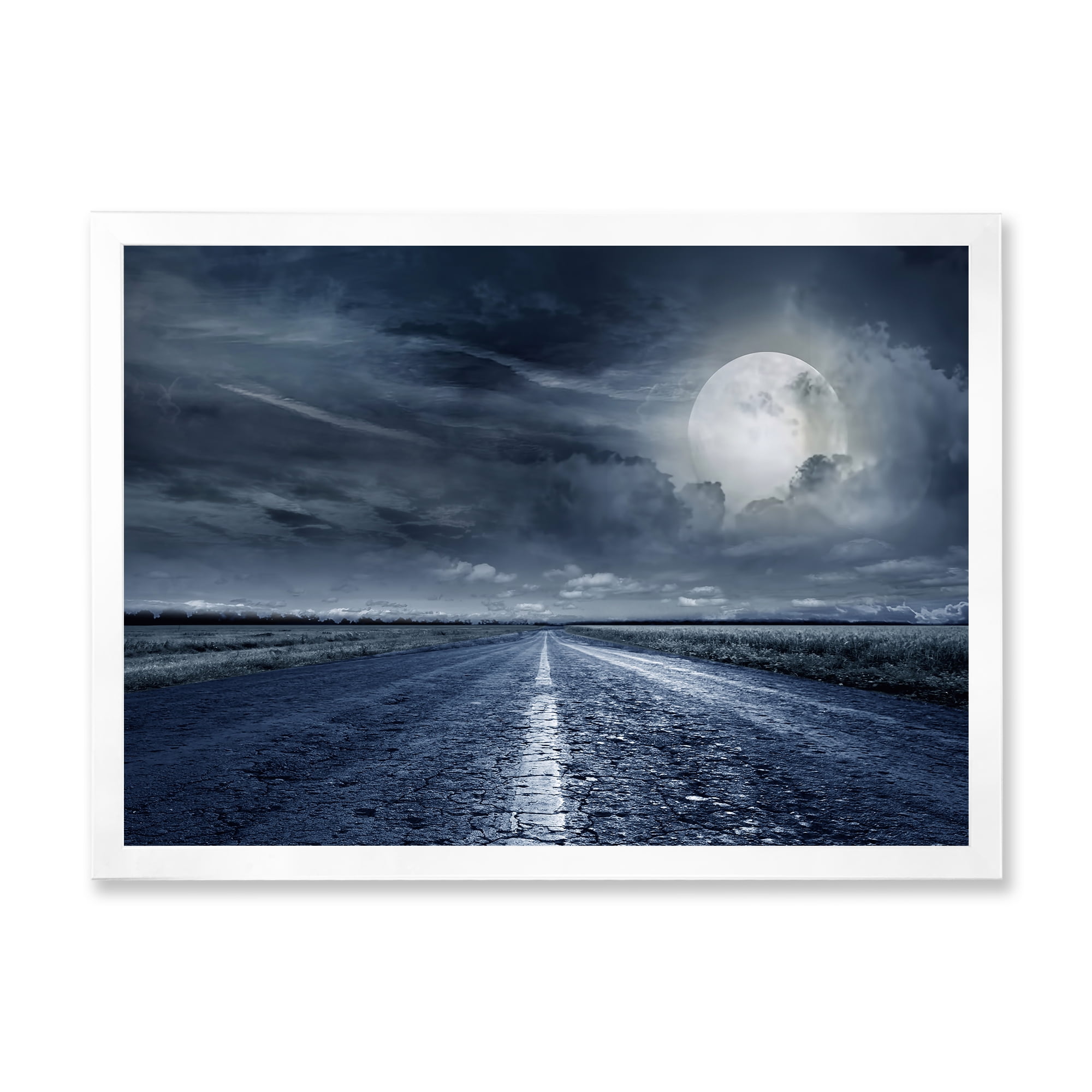 Designart 'Cloudy Full Moon Over Asphalt Road II' Nautical & Coastal Framed Art Print