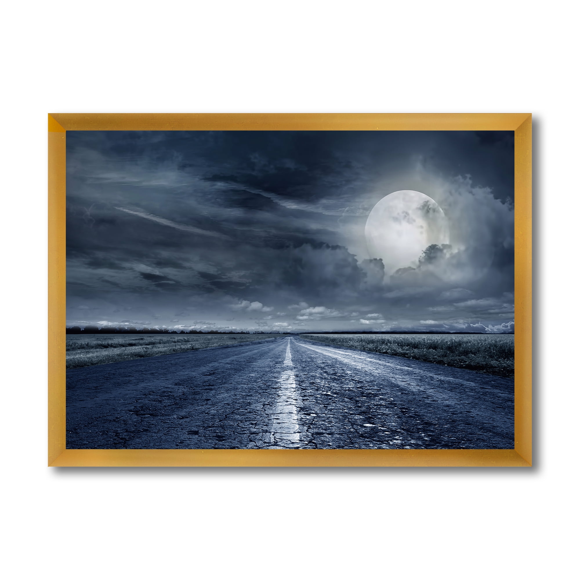 Designart 'Cloudy Full Moon Over Asphalt Road II' Nautical & Coastal Framed Art Print