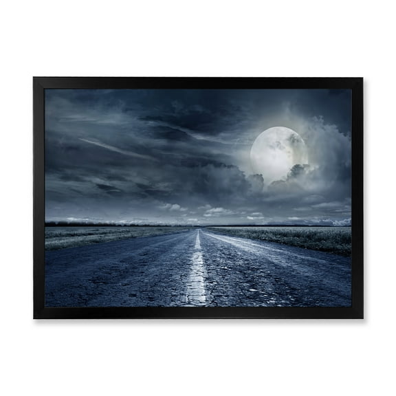 Designart 'Cloudy Full Moon Over Asphalt Road II' Nautical & Coastal Framed Art Print