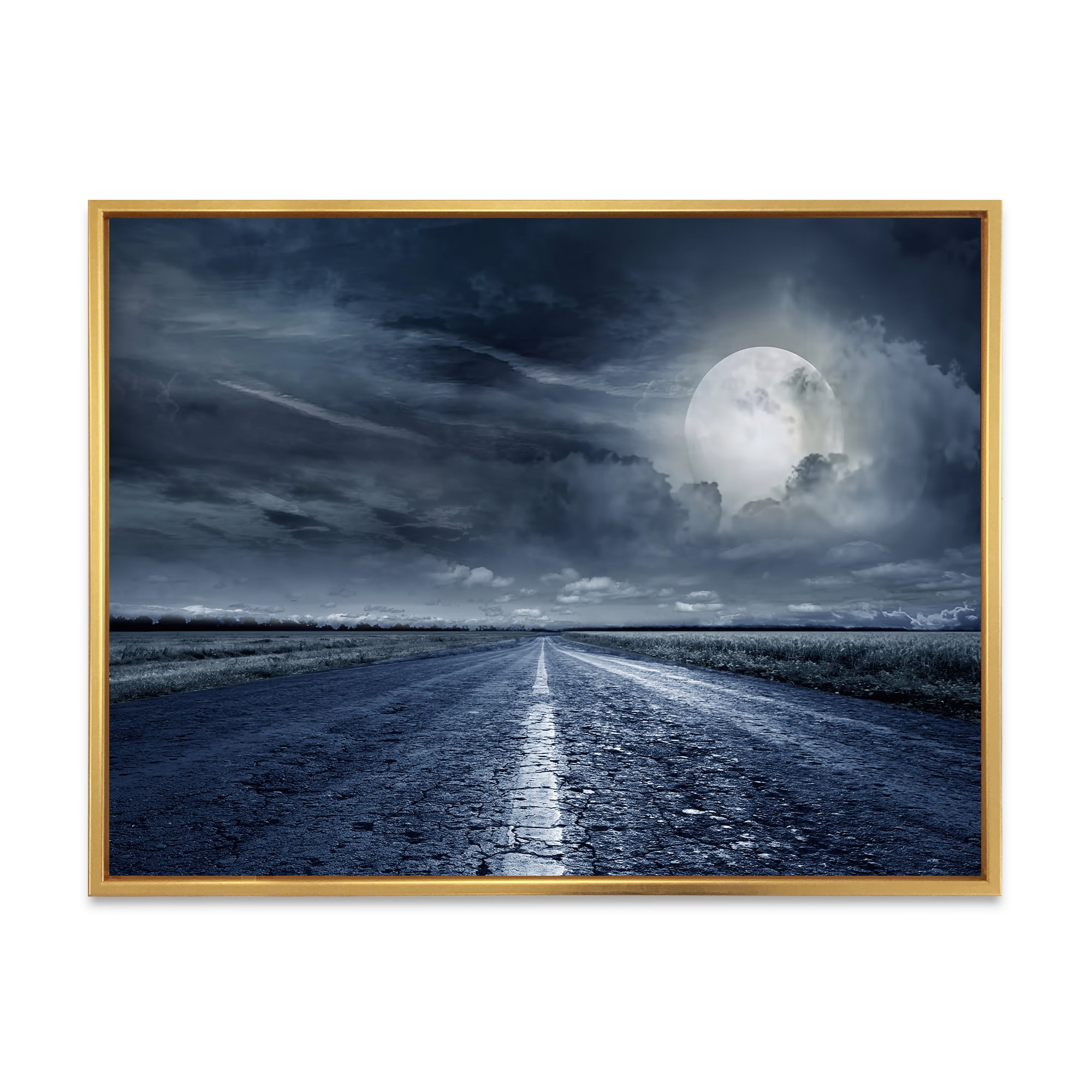 Designart 'Cloudy Full Moon Over Asphalt Road II' Nautical & Coastal Framed Canvas Wall Art Print
