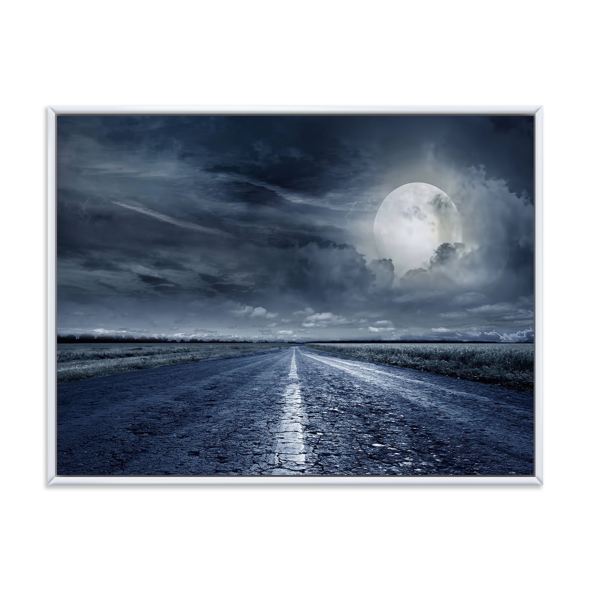 Designart 'Cloudy Full Moon Over Asphalt Road II' Nautical & Coastal Framed Canvas Wall Art Print
