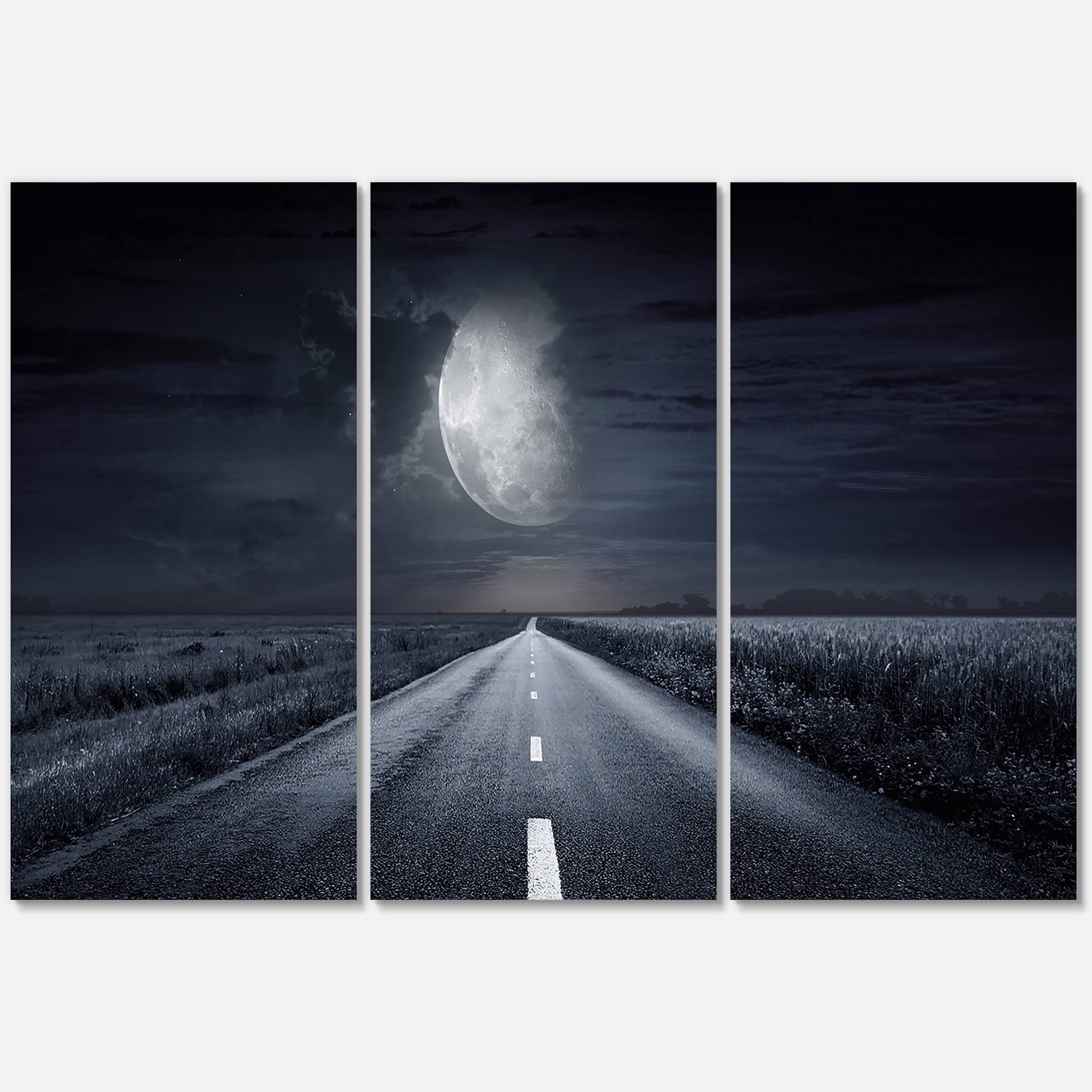 Designart ' Cloudy Full Moon Over Asphalt Road III ' Nautical & Coastal Canvas Wall Art Print