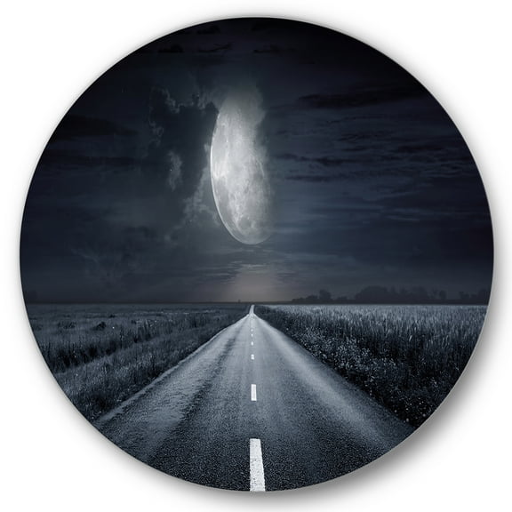 Designart 'Cloudy Full Moon Over Asphalt Road III' Nautical & Coastal Circle Metal Wall Art 36x36 - Disc of 36