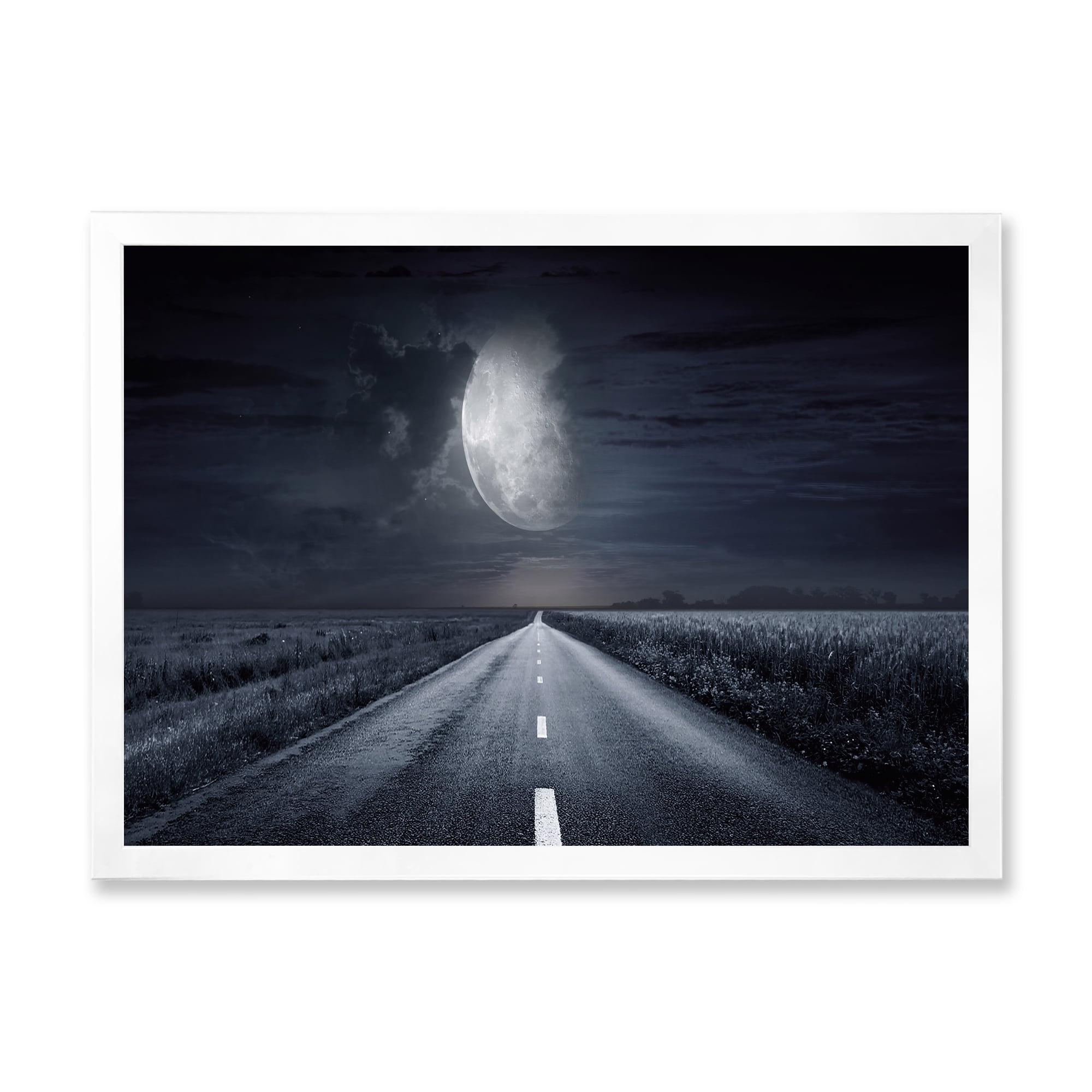 Designart 'Cloudy Full Moon Over Asphalt Road III' Nautical & Coastal Framed Art Print