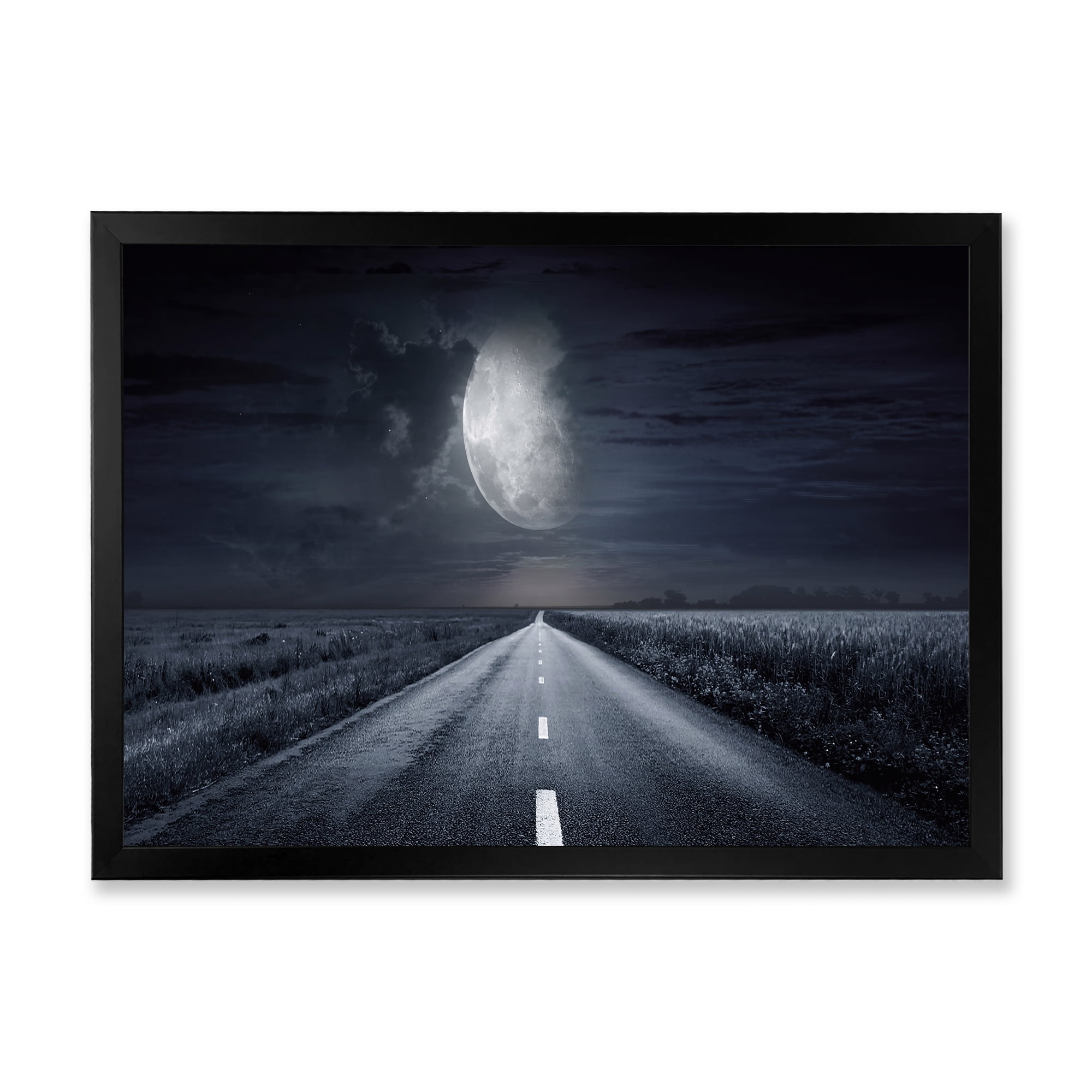 Designart 'Cloudy Full Moon Over Asphalt Road III' Nautical & Coastal Framed Art Print