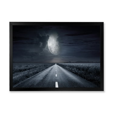 Designart 'Cloudy Full Moon Over Asphalt Road III' Nautical & Coastal Framed Art Print