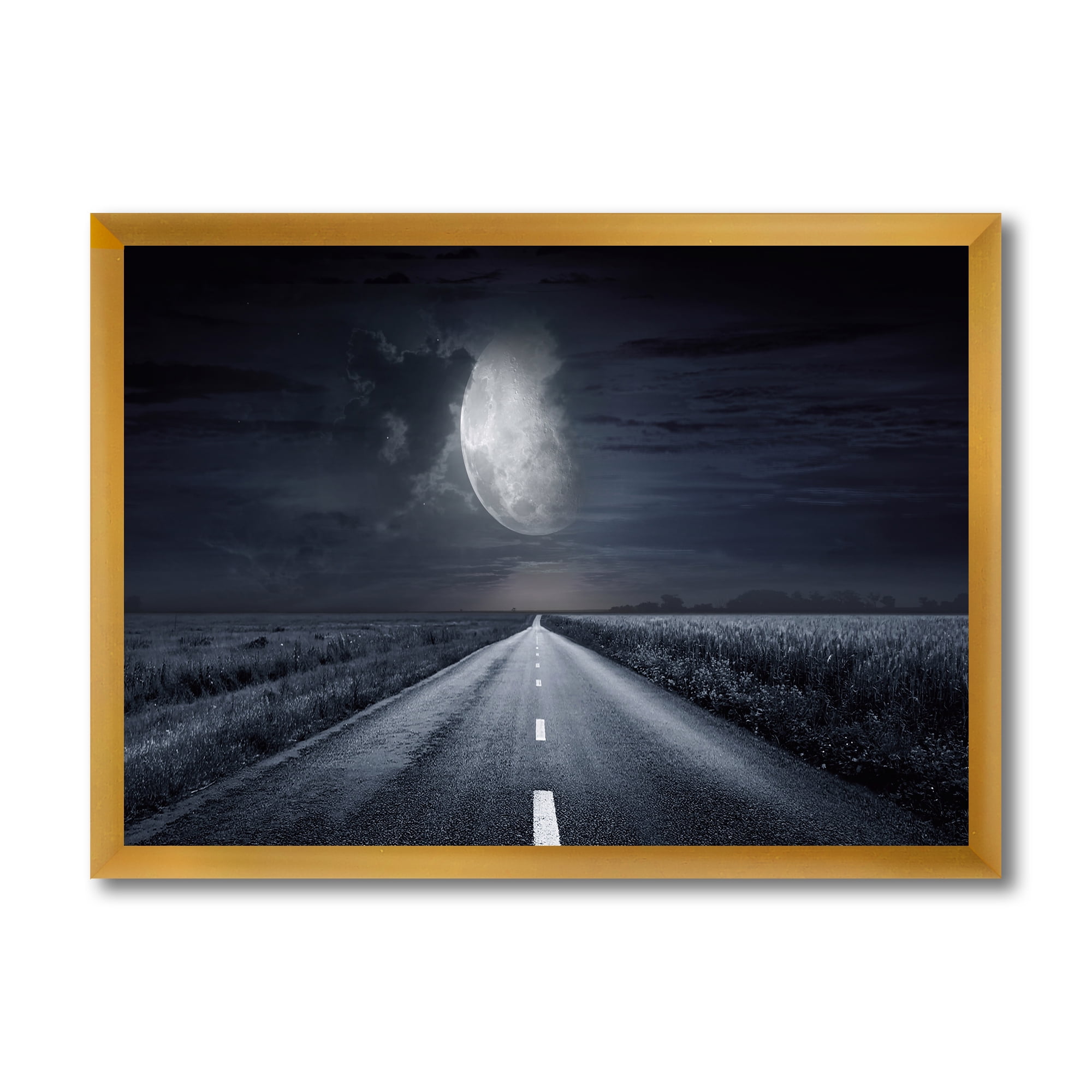 Designart 'Cloudy Full Moon Over Asphalt Road III' Nautical & Coastal Framed Art Print