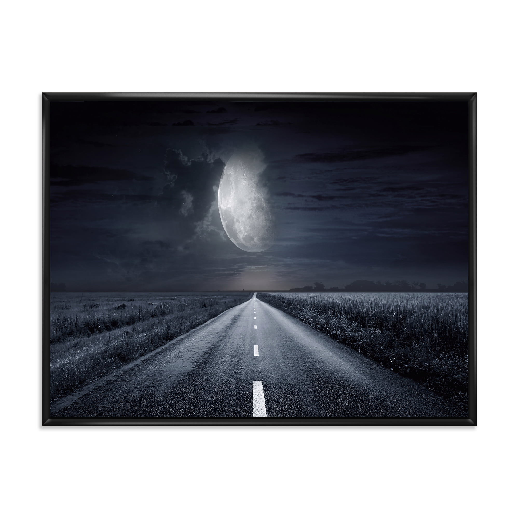 Designart 'Cloudy Full Moon Over Asphalt Road III' Nautical & Coastal Framed Canvas Wall Art Print