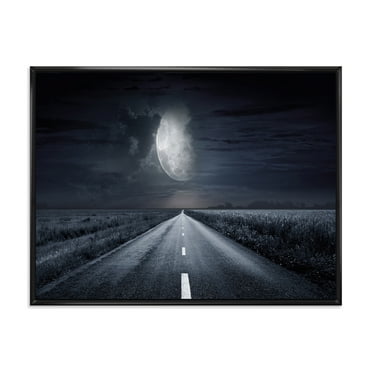 Designart 'Cloudy Full Moon Over Asphalt Road III' Nautical & Coastal Framed Canvas Wall Art Print
