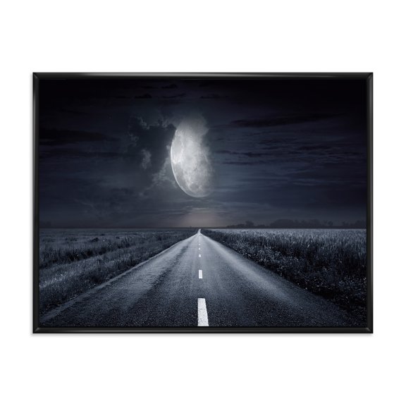 Designart 'Cloudy Full Moon Over Asphalt Road III' Nautical & Coastal Framed Canvas Wall Art Print