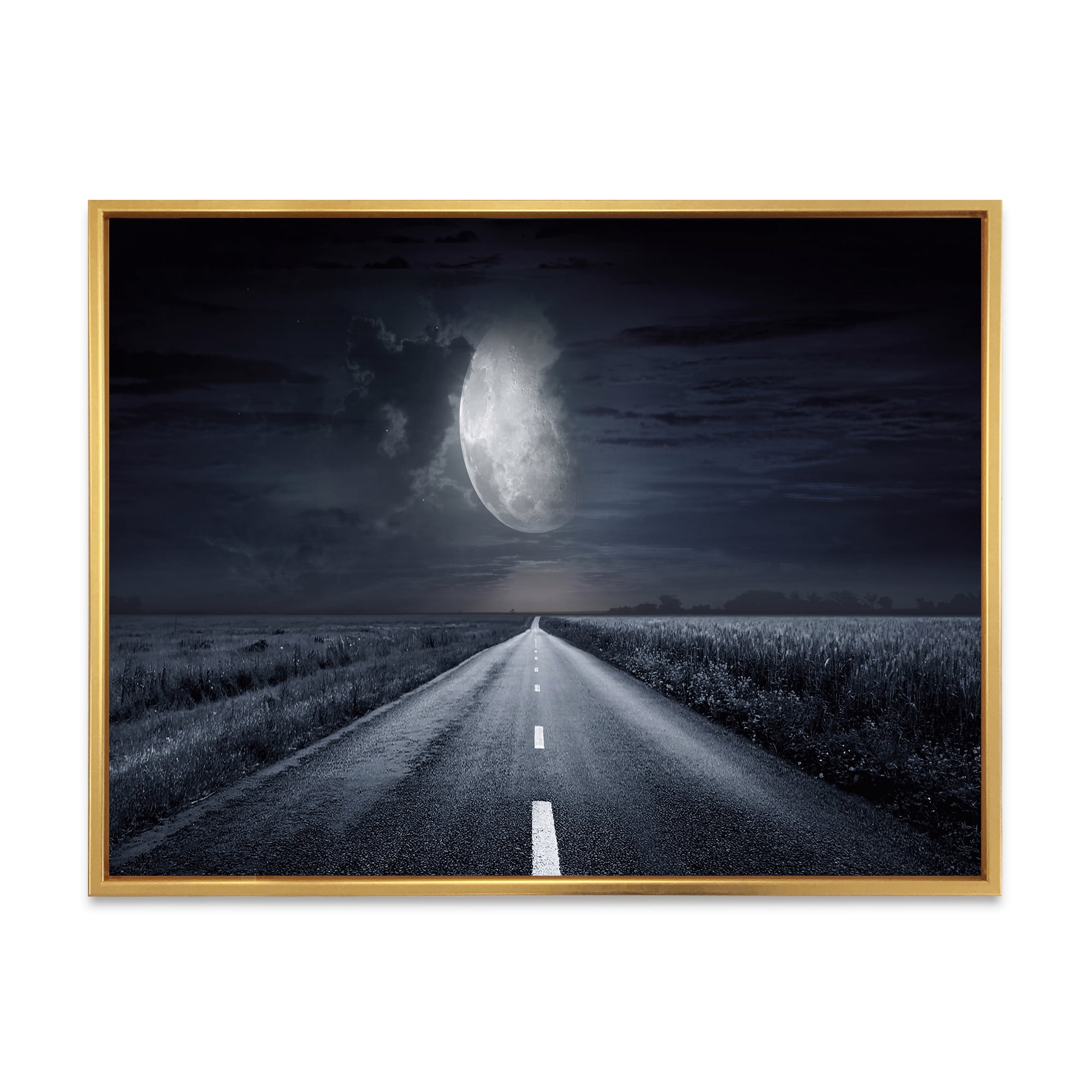 Designart 'Cloudy Full Moon Over Asphalt Road III' Nautical & Coastal Framed Canvas Wall Art Print