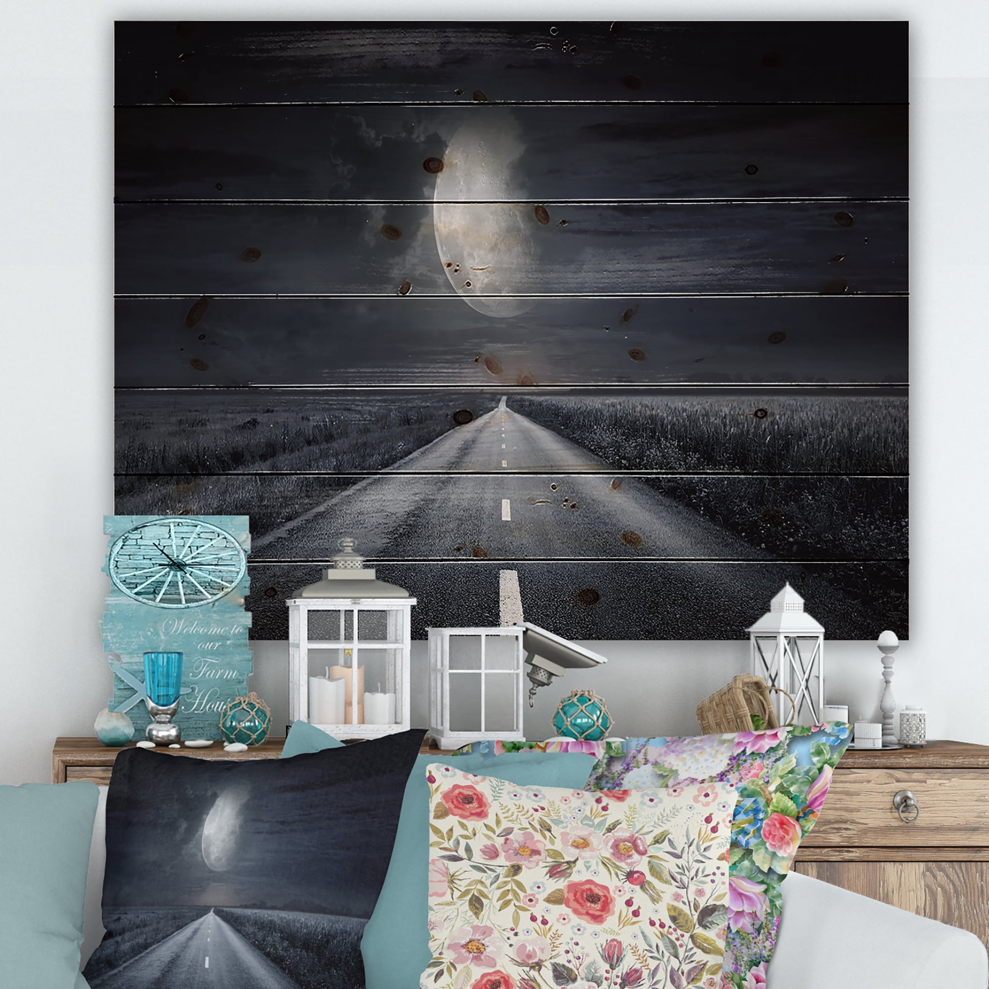 Designart 'Cloudy Full Moon Over Asphalt Road III' Nautical & Coastal Print on Natural Pine Wood