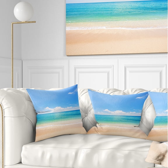 Designart Cloudy Horizon Over Beach - Seashore Photo Throw Pillow - 16x16