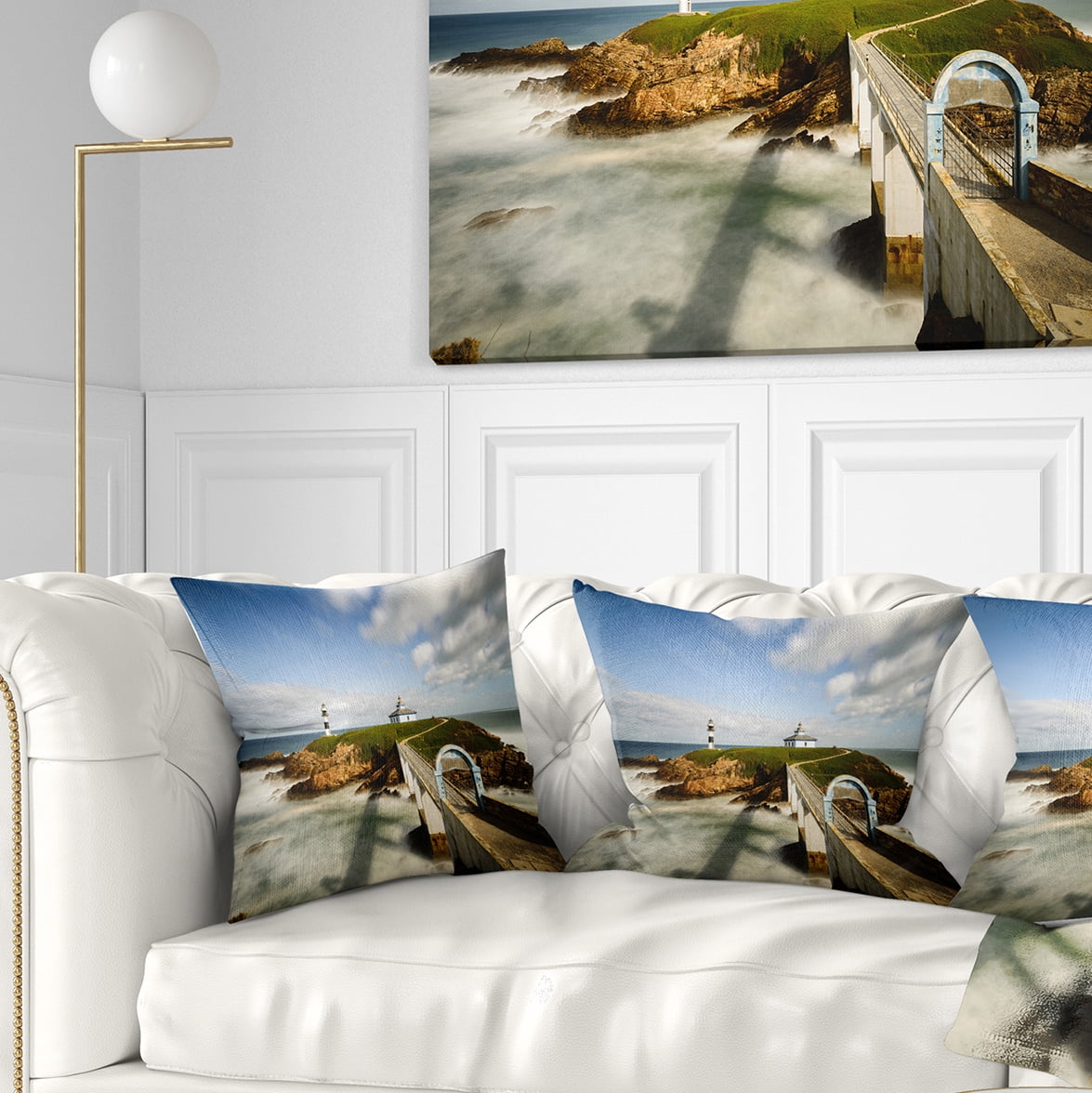 Designart Cloudy Illa Pancha Lighthouse - Seashore Photo Throw Pillow - 16x16