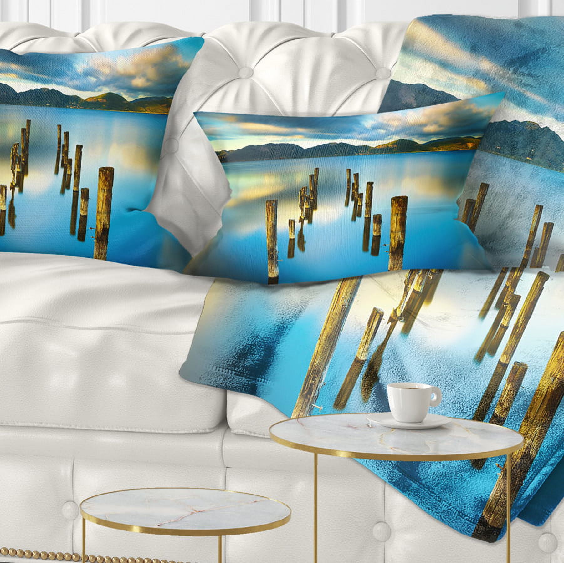 Designart Cloudy Lake with Broken Pier - Seascape Throw Pillow - 12x20