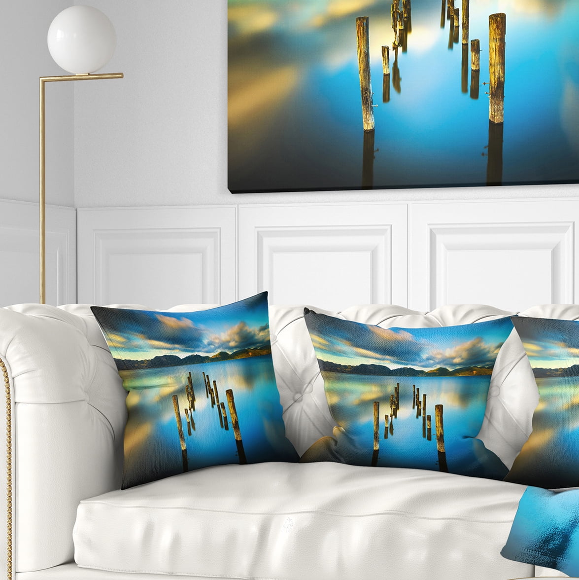 Designart Cloudy Lake with Broken Pier - Seascape Throw Pillow - 18x18