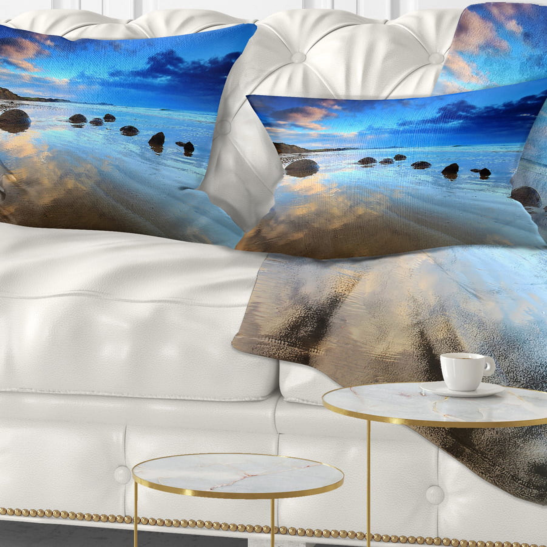 Designart Cloudy Sky Over Moeraki Boulders - Seashore Photo Throw Pillow - 12x20