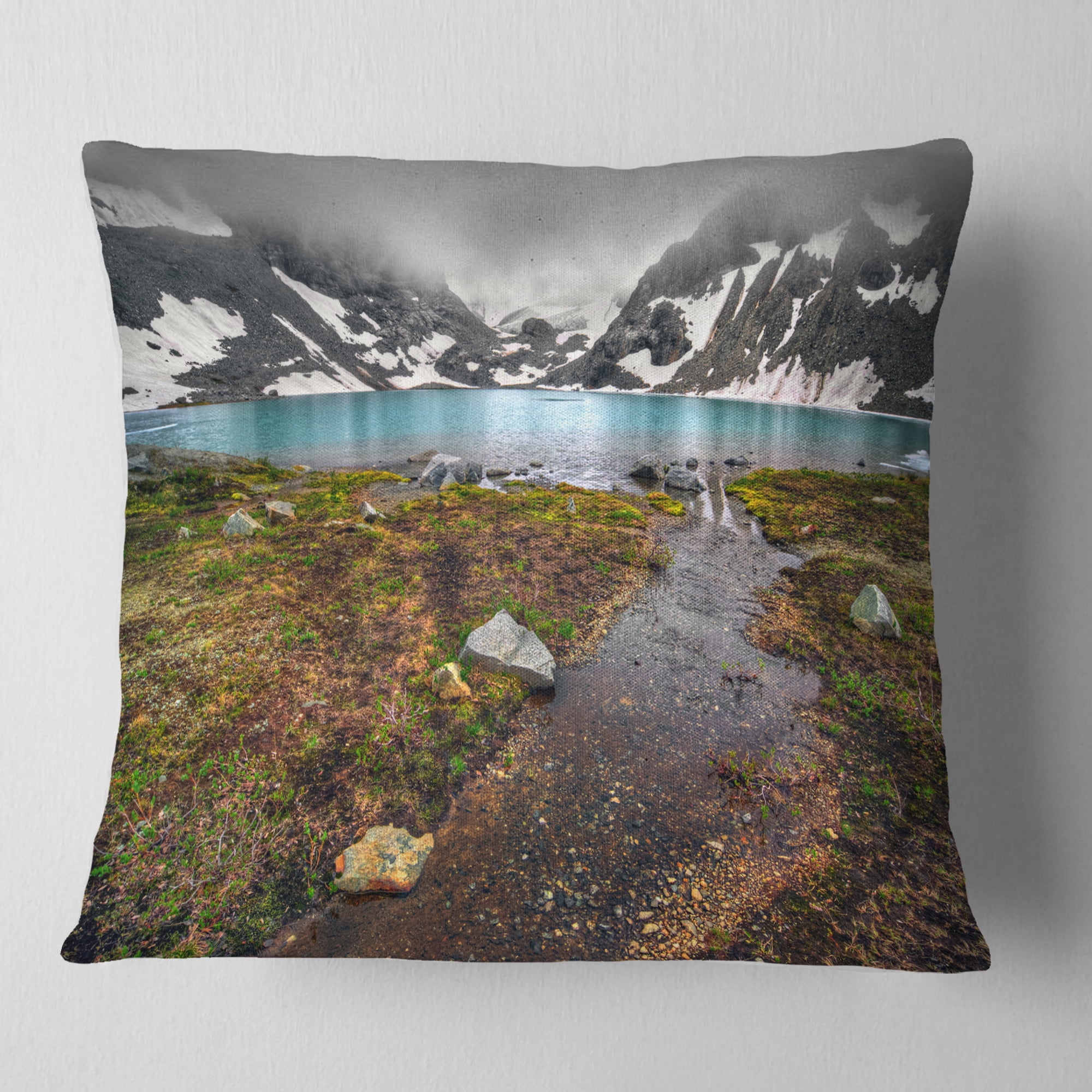 Designart Cloudy Sky above Mountain Lake - Landscape Printed Throw Pillow - 16x16